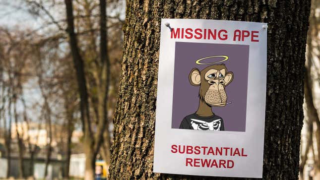 A poster for a missing NFT ape nailed to a tree. 