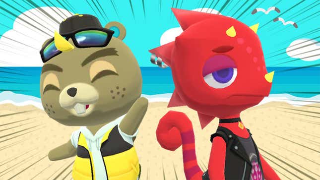 A sporty beaver and a goth chameleon stand together on a beach.