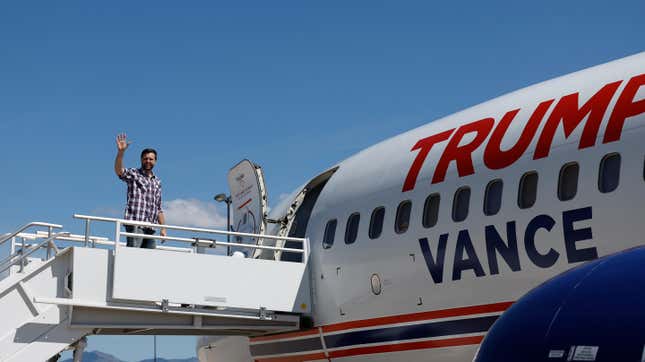 Republican vice presidential nominee U.S. Sen. JD Vance (R-OH) boards his plane as he departs Arizona following a tour of the U.S. southern border with Mexica, on August 01, 2024 in Sierra Vista, Arizona.