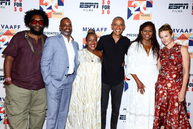 (L-R) Questlove, Floyd Rance, Stephanie T. Rance, Barack Obama, Michelle Obama, and Margaret Brown attend the premiere of Netflix’s Descendant during the Martha’s Vineyard African-American Film Festival at MV Performing Arts Center on August 05, 2022 in Edgartown, Massachusetts. (Photo by Arturo Holmes/Getty Images for Netflix)