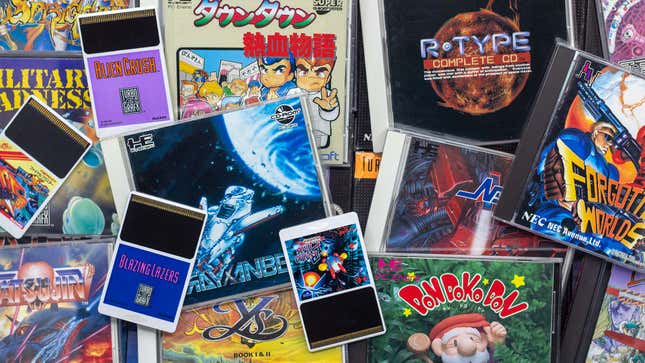 A variety of colorful PC Engine and TurboGrafx-16 games are arranged in a heap.