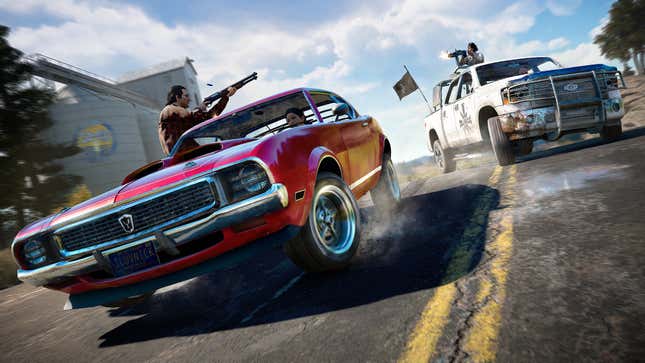 Two people shoot guns at each other from cars in Far Cry 5.