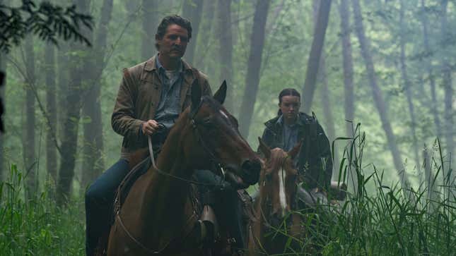 Joel and Ellie ride on horseback through the woods.