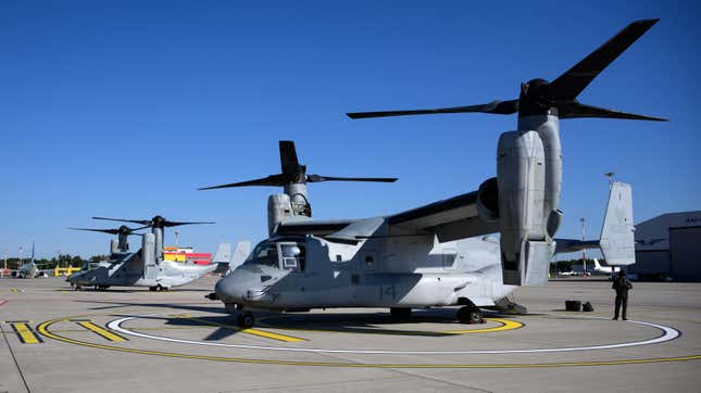 Two U.S. Navy Bell-Boeing V-22 Osprey aircraft wait for passengers at Riga Airport to fly them to the U.S. ship USS Mesa Verde on the occasion of media day from the major maritime maneuver "Northern Coasts 23" in the Baltic Sea off the coast of Latvia.