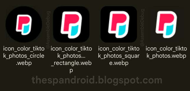 An image of the icons for the TikTok Photos app found by AssembleDebug.