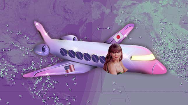 An illustration of Taylor Swift in a private cartoon jet set against a flight tracking map.