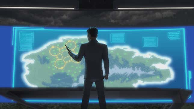An animated man stand in front of a map of a dinosaur-infested island.