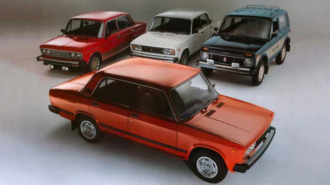 A photo of the four cars that Lada sold in Canada. 