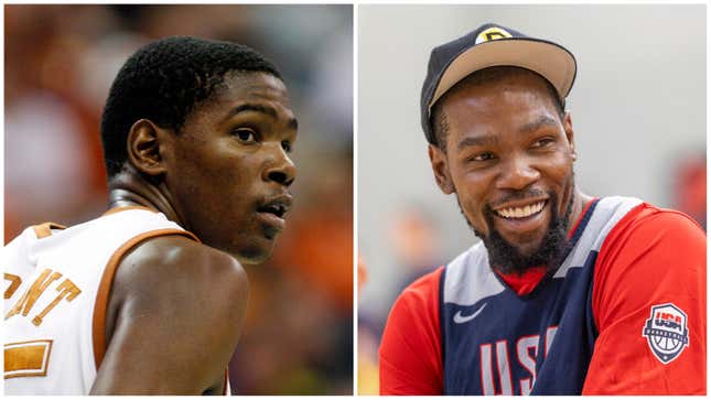 Kevin Durant en 2007; Kevin Durant en 2024.