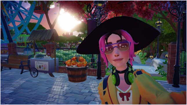 A player character in Disney Dreamlight Valley takes a selfie in front of a park.