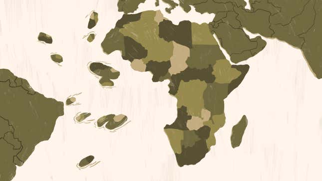 the african continent with pieces chipped away, symbolizing the people stolen in slavery