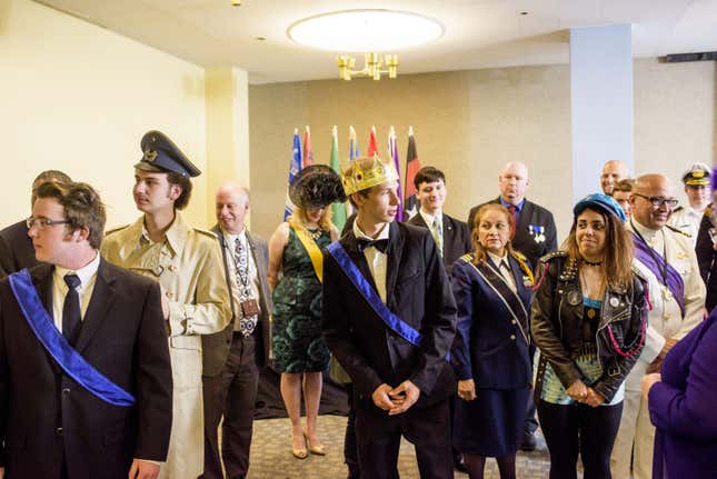 MicroCon 2015 attendees disperse after a group portrait in the Anaheim Central Library.