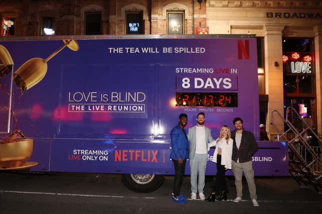 Love Is Blind cast, Brett Brown, Cameron Hamilton, Chelsea Griffin and Cole Barnett celebrate Netflix’s first Live Reunion with the Iconic Pods in Nashville on April 07, 2023 in Nashville, Tennessee