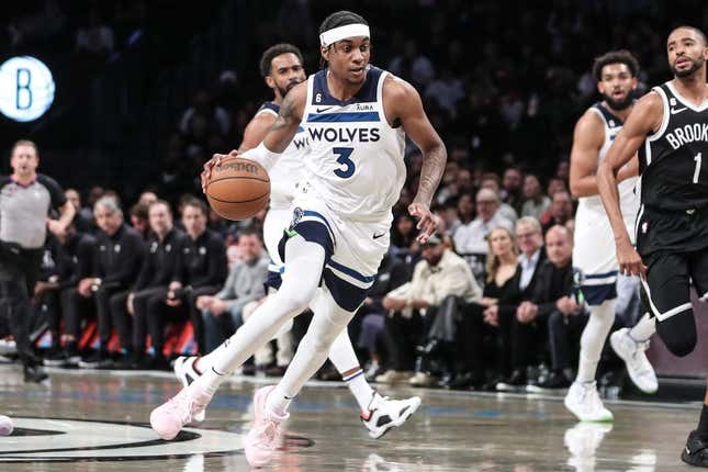 Apr 4, 2023; Brooklyn, New York, USA;  Minnesota Timberwolves forward Jaden McDaniels (3) drives to the basket in the first quarter against the Brooklyn Nets at Barclays Center.