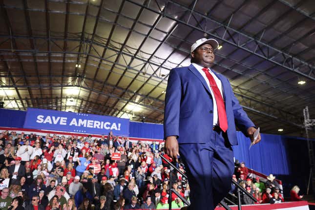 John Gibbs, a candidate for Congress in Michigan’s 3rd Congressional district, speaks at a rally hosted by former President Donald Trump on April 02, 2022, near Washington, Michigan. Trump is in Michigan to promote his America First agenda and is expected to voice his support of Matthew DePerno, who is running for the Michigan Republican party’s nomination for state attorney general, and Kristina Karamo, who is running for the party’s nomination for secretary of state.