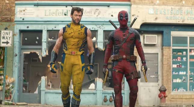 Wolverine and Deadpool walk out of a store