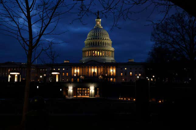 A view of the U.S. Capitol Building from the U.S. Supreme Court during MoveOn activists’ call for the impeachment of Justice Clarence Thomas on March 30, 2022, in Washington, DC. 