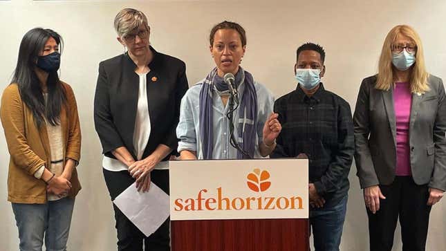 Drew Dixon, center, speaks at a Safe Horizon press conference advocating for the Adult Survivors act, on Tuesday, October 26, 2021.