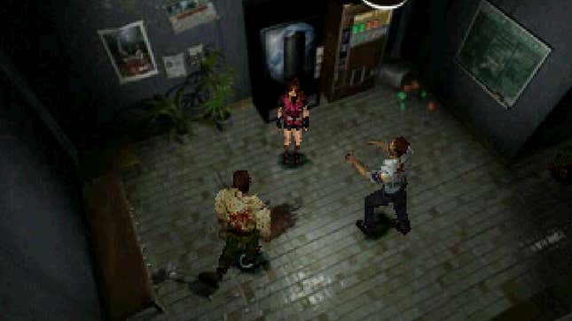 A woman is cornered by two zombies. 