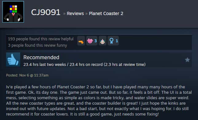 A screenshot shows a Steam user review of Planet Coaster 2.