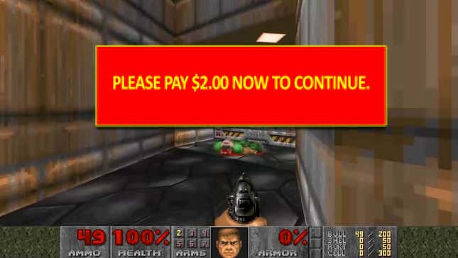 An image shows Doom being stopped by a pop up asking for money. 