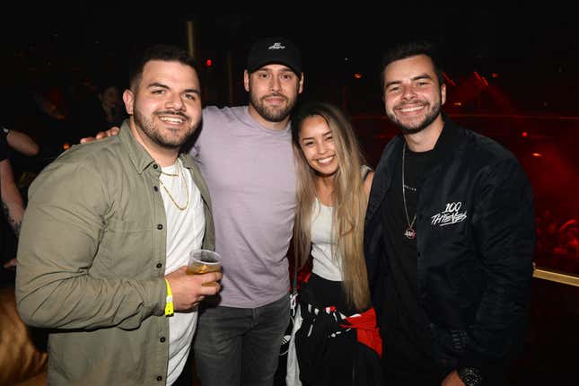 Jack "CouRage" Dunlop, Scooter Braun, Rachell "Valkyrae" Hofstetter and Matthew Haag (R) attend 100 Thieves x Totino's presents Lil Dicky at Omnia Nightclub on September 26, 2019 in San Diego, California.