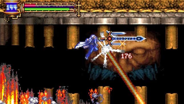 A big sword chop with a laser beam and fire and just so much Castlevania.