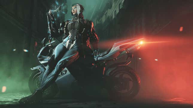 A woman in futuristic gear reclines against a motorcycle. 