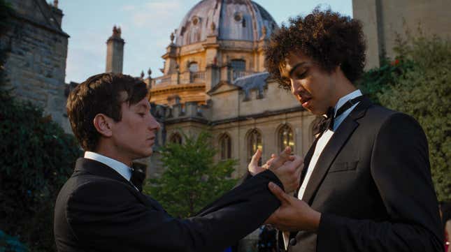 Barry Keoghan as Oliver and Archie Madekwe as Farleigh in Saltburn