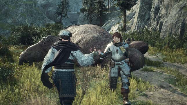 Two knights high five in front of a fallen enemy