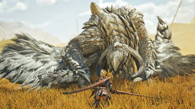 A hunter approaches a giant beast. 