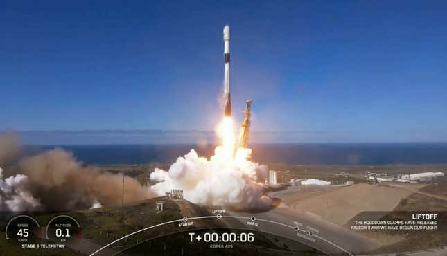 In this image from video provided by SpaceX, South Korea launches its first military spy satellite from Vandenberg Space Force Base, Calif., Friday, Dec. 1, 2023. Using SpaceX&#39;s Falcon 9 rocket, it was the first of five spy satellites South Korea plans to send into space by 2025 under a contract with SpaceX. The launch took place a little over a week after North Korea claimed to put its own spy satellite into orbit for the first time as tensions rise between the rivals. (SpaceX via AP)