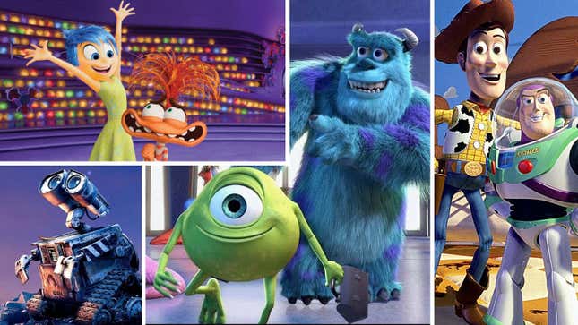 Clockwise from left: Inside Out 2, Monsters, Inc., Toy Story, WALL-E