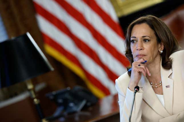  U.S. Vice President Kamala Harris hears from college and university leaders from across the country while hosting a roundtable meeting about what students face after the overturning of Roe v. Wade in the vice president’s ceremonial office in the Eisenhower Executive Office Building on August 08, 2022, in Washington, DC. Along with Education Secretary Miguel Cardona, Harris heard about the complex challenges administrators, faculty, and health care providers face to protect students’ health and well-being.