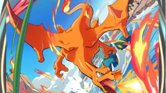 Charizard flies through the sky and breathes fire.