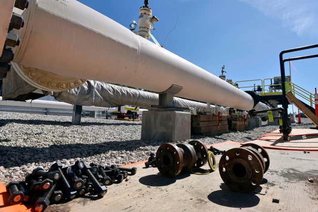 FILE - Nuts, bolts and fittings are ready to be added to the east leg of the pipeline near St. Ignace, Mich., as Enbridge Inc., prepares to test the east and west sides of the Line 5 pipeline under the Straits of Mackinac in Mackinaw City, Mich., June 8, 2017. Michigan attorneys pressed a federal appellate panel Thursday, March 21, 2024, to move their lawsuit seeking to shut down the portion of an aging pipeline running beneath the Straits of Mackinac from federal to state court, arguing that the state&#39;s environmental protection laws are in play. (Dale G Young/Detroit News via AP, File)