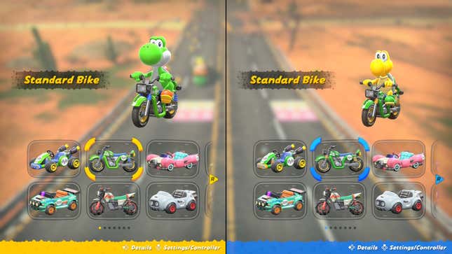 Yoshi and Koopa Troopa on Standard Bikes with different shades of green.