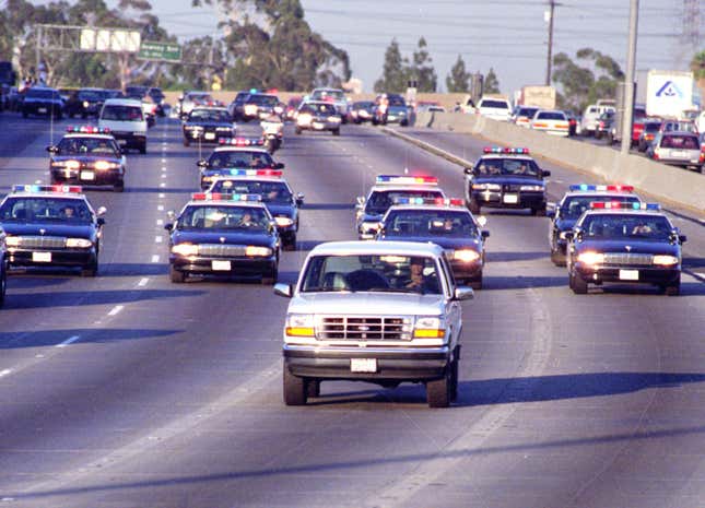 California Highway Patrol chase Al Cowlings, driving, and O.J. Simpson, hiding in rear of white Bronco on the 91 Freeway, just West of the I5 freeway. The chase ended in Simpson’s arrest at his Brentwood home.