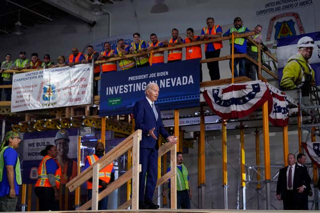 President Joe Biden arrives to speak about investment in rail projects, including high-speed electric trains, Friday, Dec. 8, 2023, in Las Vegas. (AP Photo/Manuel Balce Ceneta)