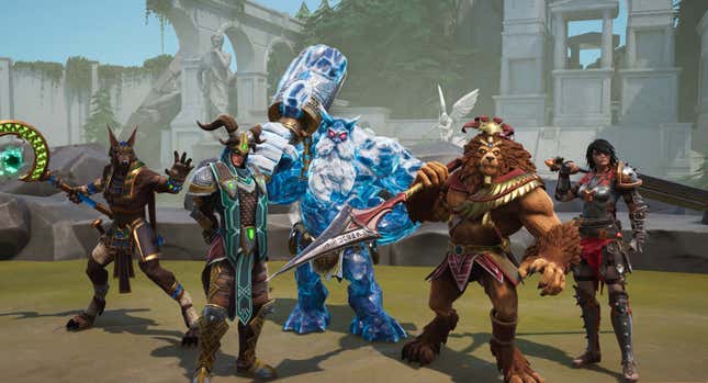 Characters from Smite 2 standing in a row.