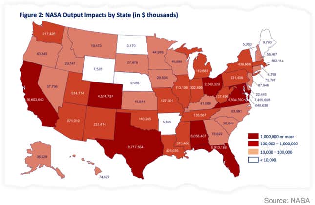 NASA 2019 economic impacts map