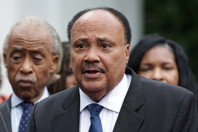 WASHINGTON, DC - AUGUST 28: Martin Luther King III speaks to members of the press as The Rev. Al Sharpton and other organizers of the 60th anniversary of the March on Washington listen after a meeting with U.S. President Joe Biden and Vice President Kamala Harris at the White House on August 28, 2023 in Washington, DC. The march commemorated the 60th anniversary of Dr, Martin Luther King Jr.’s “I Have a Dream” speech and the 1963 March on Washington for Jobs and Freedom where more than a quarter million people marched on the National Mall for civil rights. 