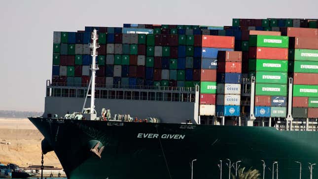 The container ship ‘Ever Given’ is refloated, unblocking the Suez Canal on March 29, 2021 in Suez, Egypt. 