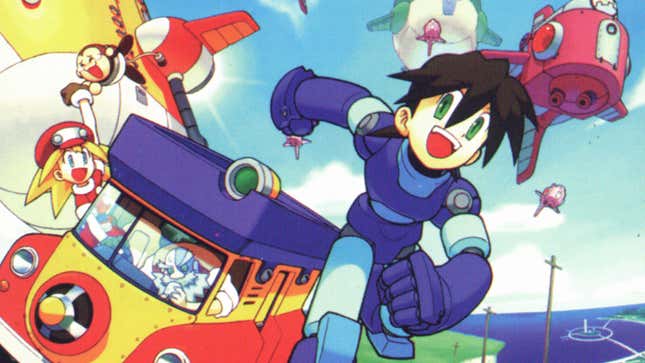 Mega Man and Roll run away from sky pirates. 