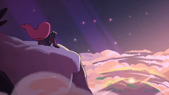 Artwork of Madeline looking at the sun from the top of the mountain in Celeste.