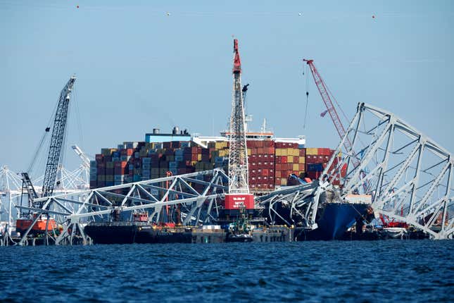  Salvage crews continue to remove wreckage from the Dali one month after the cargo ship collided with and caused the collapse of the Francis Scott Key Bridge on April 26, 2024 in Baltimore, Maryland.