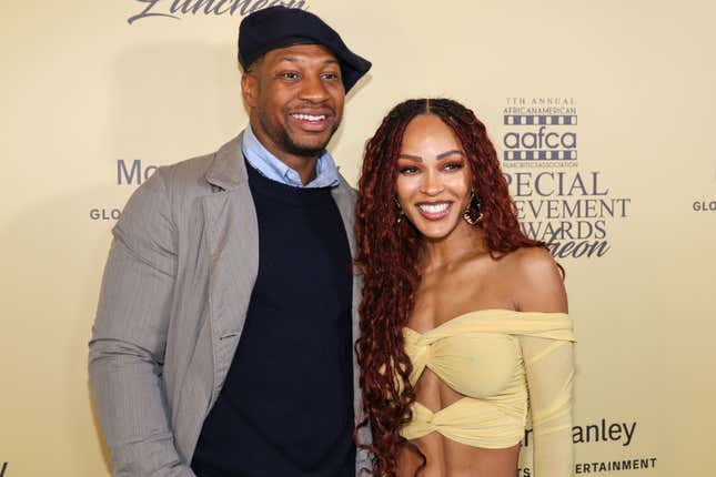 Jonathan Majors and Meagan Good attend the AAFCA Special Achievement Honorees Luncheon at The Los Angeles Athletic Club on March 03, 2024 in Los Angeles, California. 