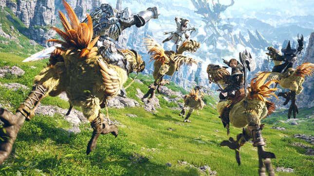 An image shows Final Fantasy characters riding giant birds in a grassy field. 