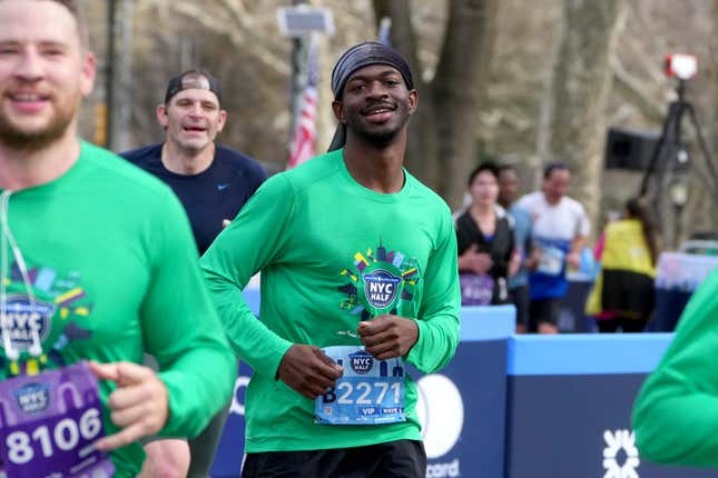 NEW YORK, NEW YORK - MARCH 17: Lil Nas X participates in The 2024 United Airlines NYC Half Marathon held in New York City. 