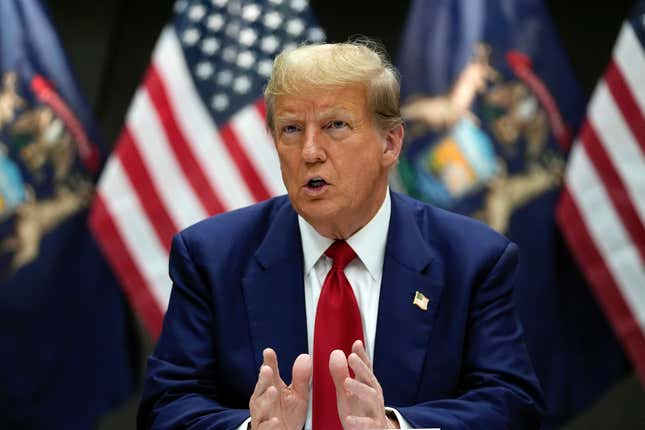 FILE - Republican presidential candidate former President Donald Trump speaks at a campaign event in Grand Rapids, Mich., Tuesday, April 2, 2024. Trump filed a law suit on March 24, suing two co-founders of Trump Media &amp; Technology Group, the newly public owner of his Truth Social platform, arguing that they should forfeit their stock in the company after allegedly setting it up improperly. (AP Photo/Paul Sancya, File)